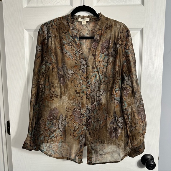 Coldwater Creek sz. L (14-16) sheer blouse, button front, brown floral, fall - Picture 1 of 12